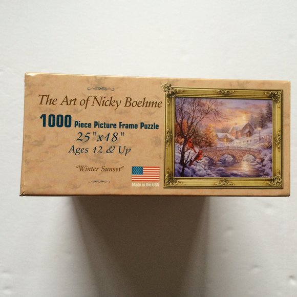 The Art of Nicky Boehme Jigsaw Puzzle 1000 Pc Winter Sunset Framed New Sealed - Picture 4 of 5